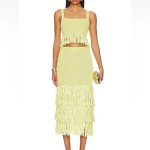 Saylor 2 Piece Knit Fringe Set Top & Midi Skirt Chartreuse $297 NWT Size Medium
